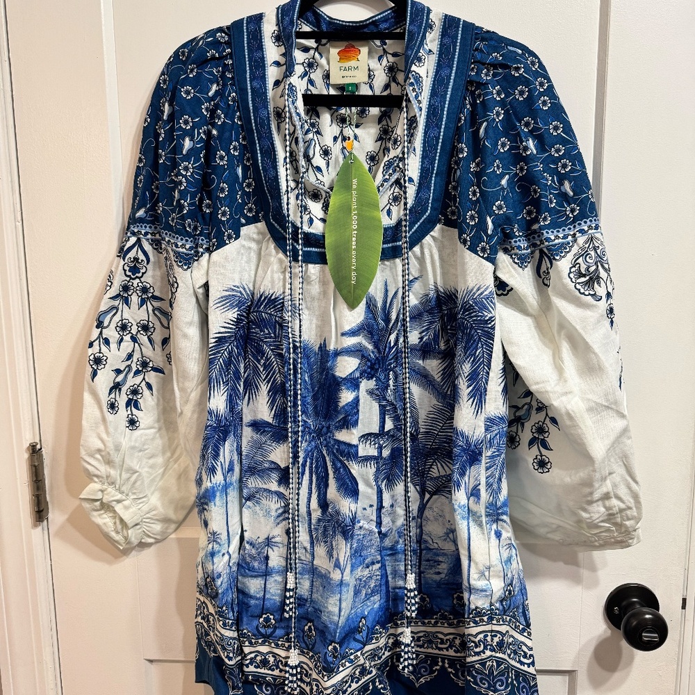 Farm Rio Off-White Palm Tree Beach Mini Dress